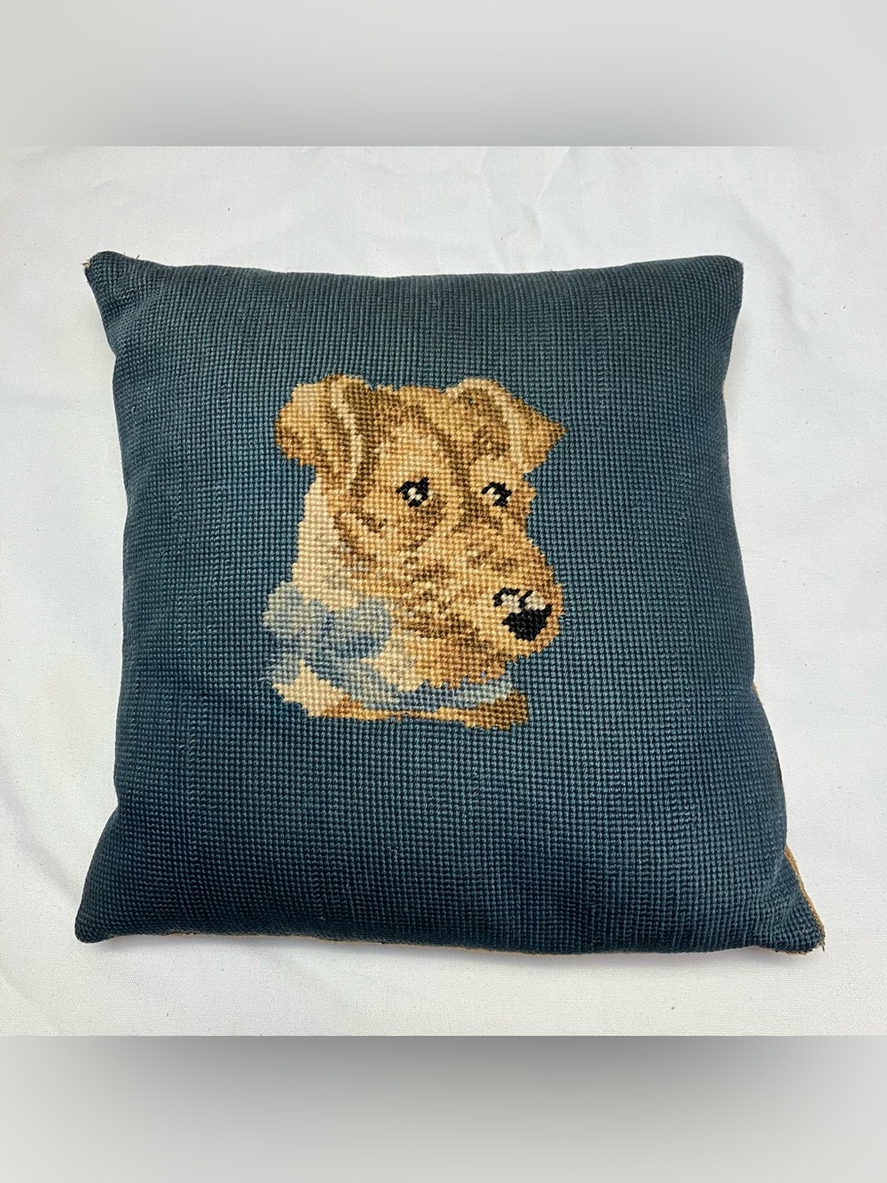 VTG Needlepoint Terrier Blue Dog Pillow Velvet Back 13x13 Cushion Cottagecore - Picture 6 of 7